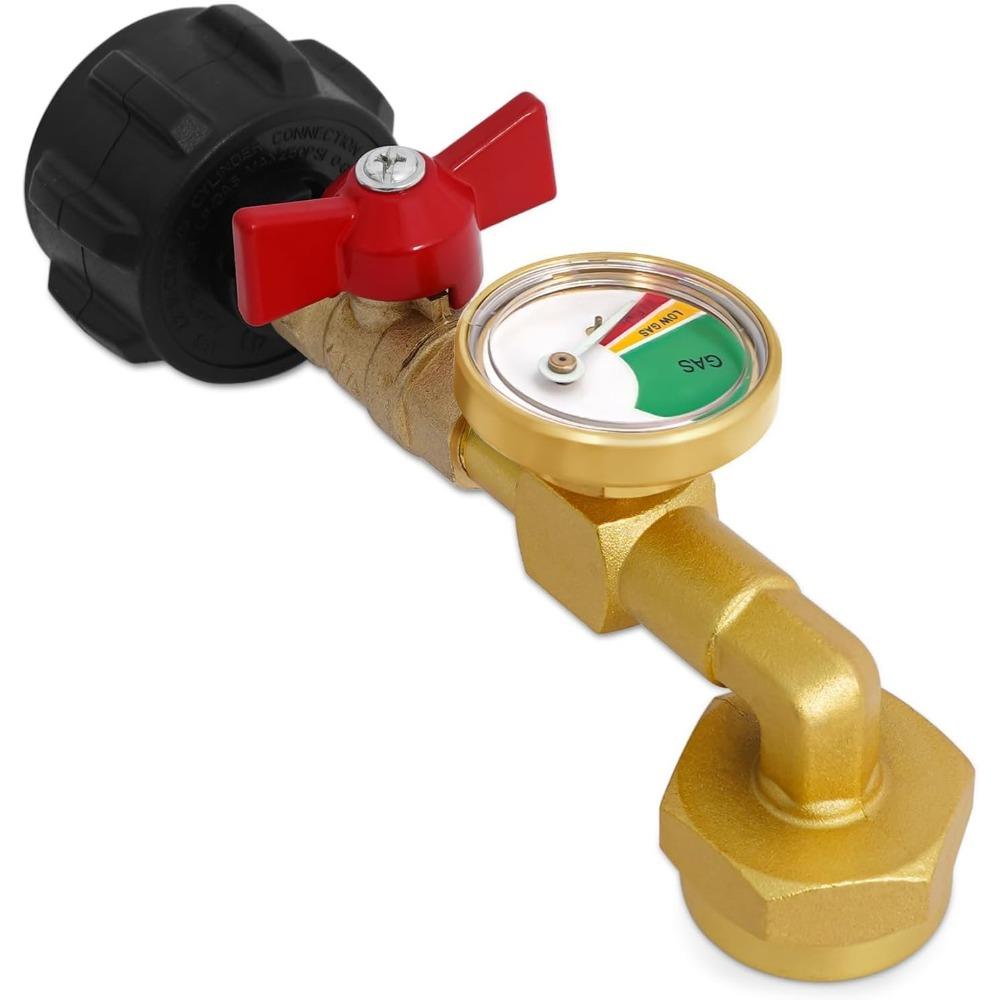 Propane filling adapter for 1-pound propane tanks, QCC1 propane adapter, 20-pound to 1-pound converter with pressure gauge valve.