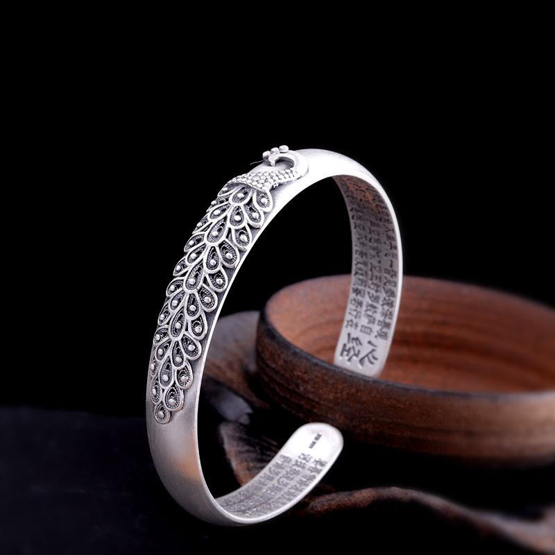 Vintage buddhistischer Herz-Sutras-Ring für Frauen, Schmuck, exquisiter geschnitzter Pfau-Armreif, weibliches Party-Zubehör