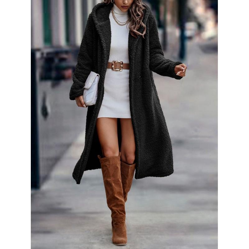 

Women Autumn Winter Tweed Coat Hooded Coat Button Long Sleeve Solid Color Casual Fashion Warm Comfortable Regular Standard Fit XXL чёрный