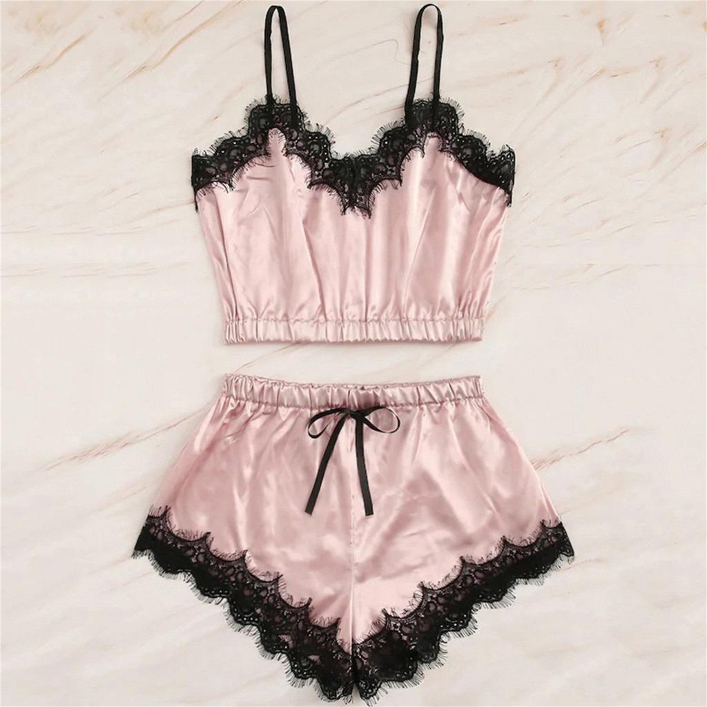 Damen Nachtwäsche Spitzenbesatz Nachtwäsche Satin Cami Pyjama Sets