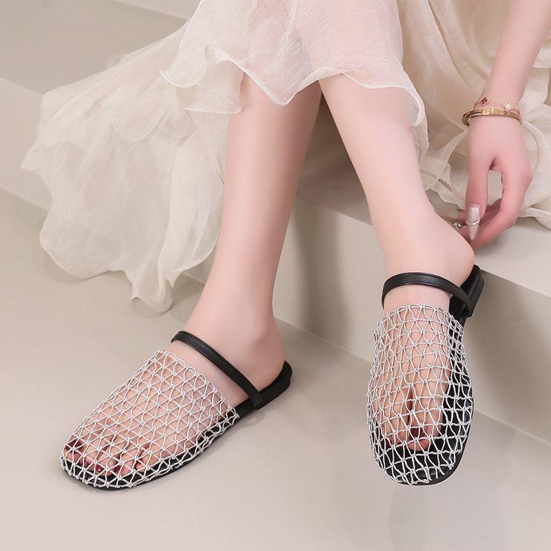 Flat bottom round head two wear bag head drag 2025 summer new French mesh woven hollow sexy temperament cool slippers