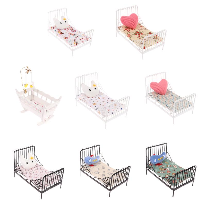 1:12 Dollhouse Mini European Iron Bed Cradle Bed Cushion Mattress Bedroom Decor