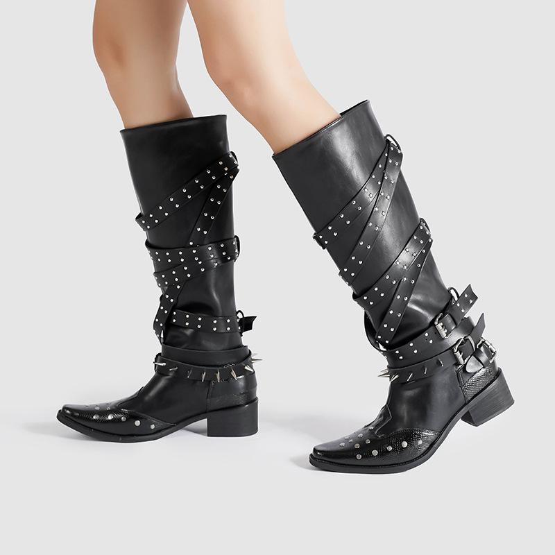 Factory Custom Retro Pointed Boots Women's Black Rivet Punk Style Thick Heel Babe Knight Boots Strap Western Boots