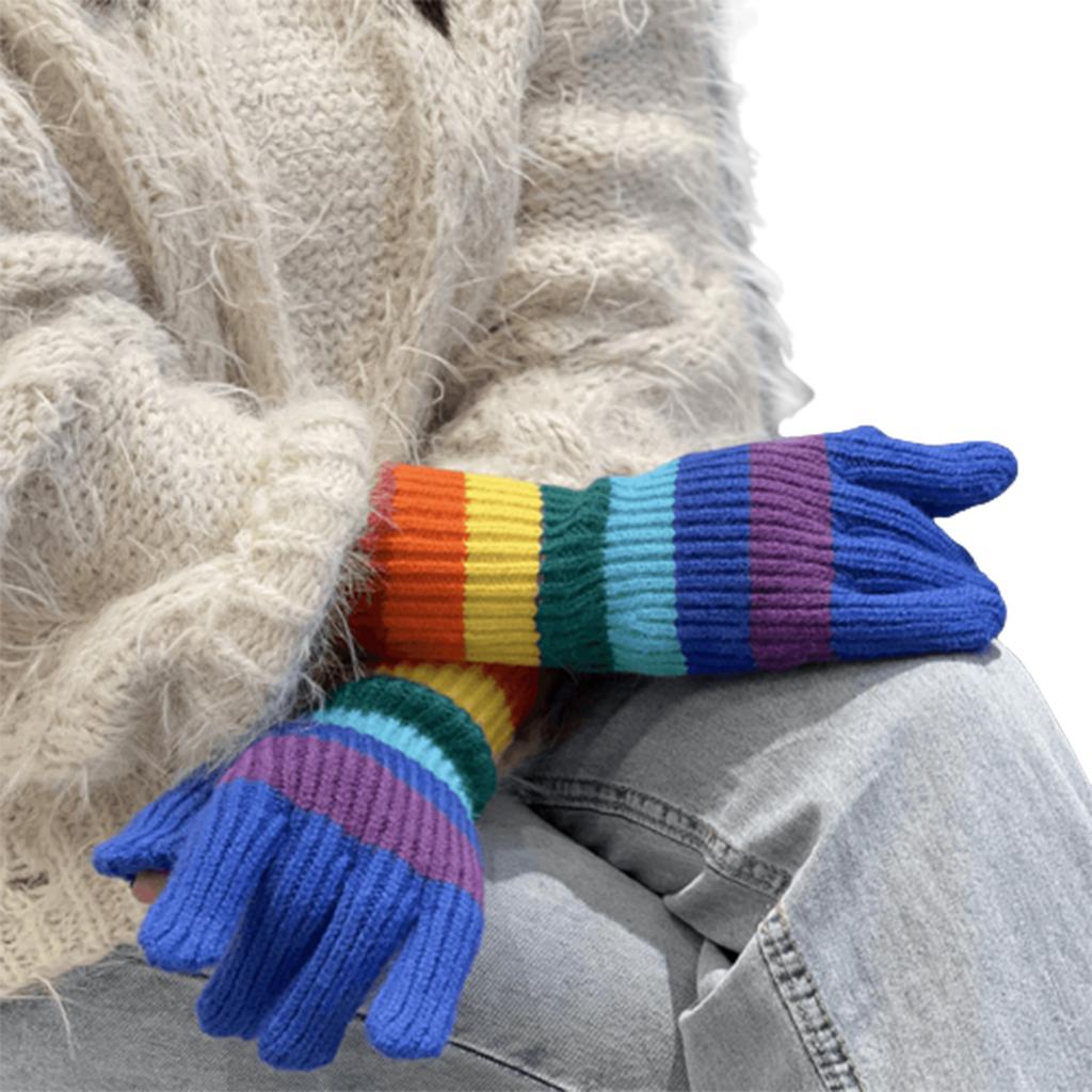 Rainbow Color Striped Knitted Gloves Winter Full Finger Mitten Thicken Warm Christmas Harajuku Gloves for Girlfriend