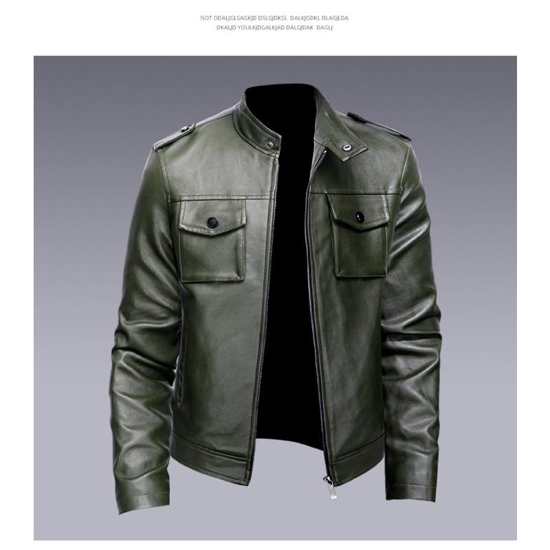 Leather Jacket Men's New Autumn and Winter Business Trend Korean Style Stand-up Collar Motorcycle Leather Jacket Green Handsome Jacket