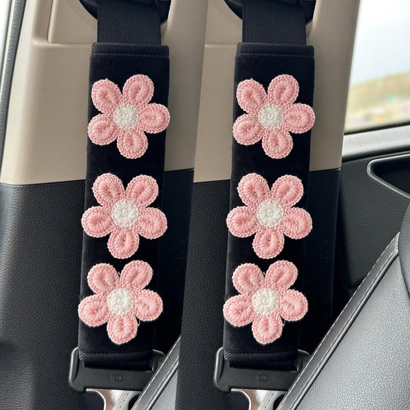 2pc Cute Embroidered Flowers Car Seatbelt Cover Plush Seat Belt Harness Cushion Auto Shoulder Strap Protector Pad for Ladies