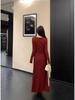 Elegant Red Knitted Waist-Cinched Dress for Women - Autumn/Winter 2026 