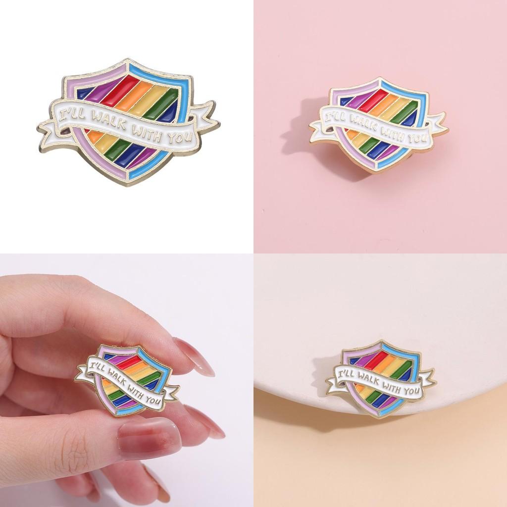 Letter Rainbow Contemporary Brooch Trendy Shield Shape Metal Badge Colorful Pin Fashionable