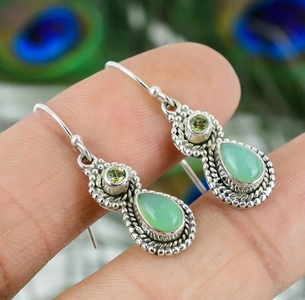 Chalcedony Earring, Handmade Design Silver Earring, 925 Sterling Silver, Handmade Earring, Wedding Gift, Peridot Gemstone Earring,