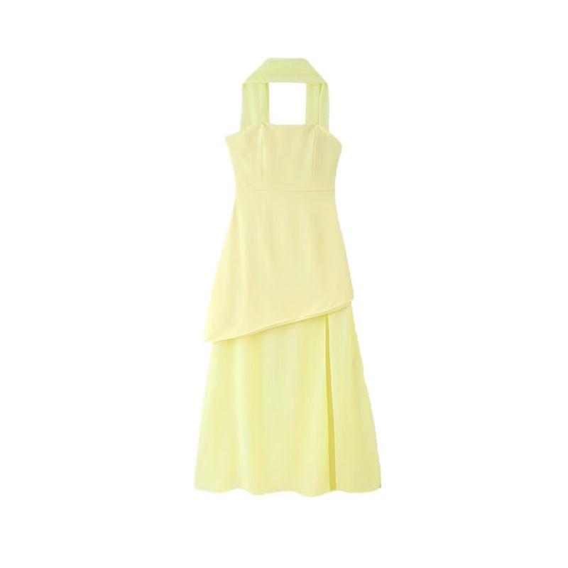 

Kaslead New Arrival Women s Clothing Fashion Style Fashion Minimalist Multicolor Tube Top Patchwork Mesh Dress Yellow L