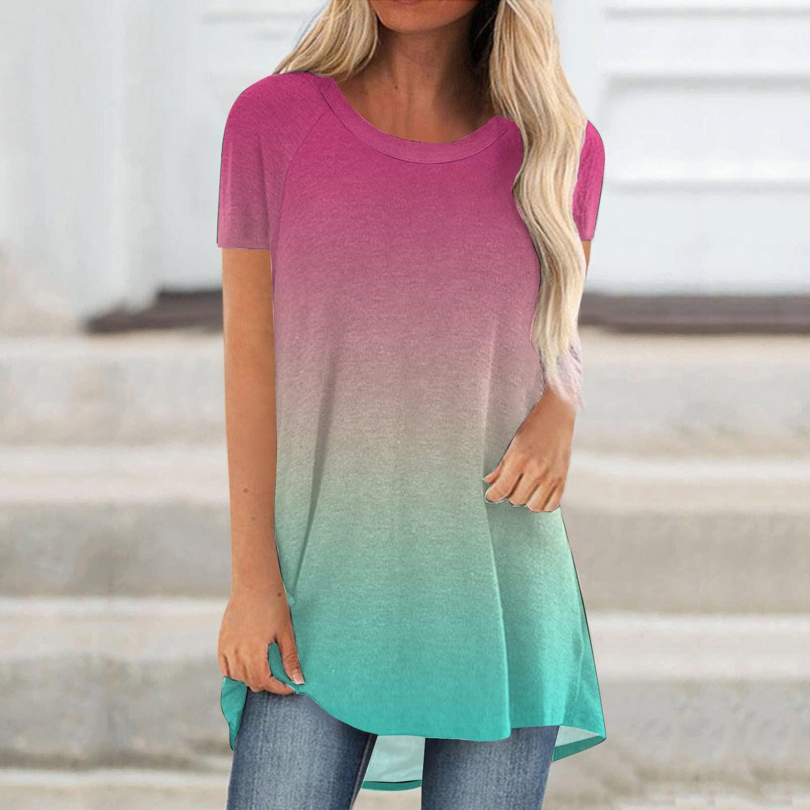 

Женская мода, летние длинные туники, повседневные топы, рубашки с короткими рукавами с принтом, футболки XL розовый