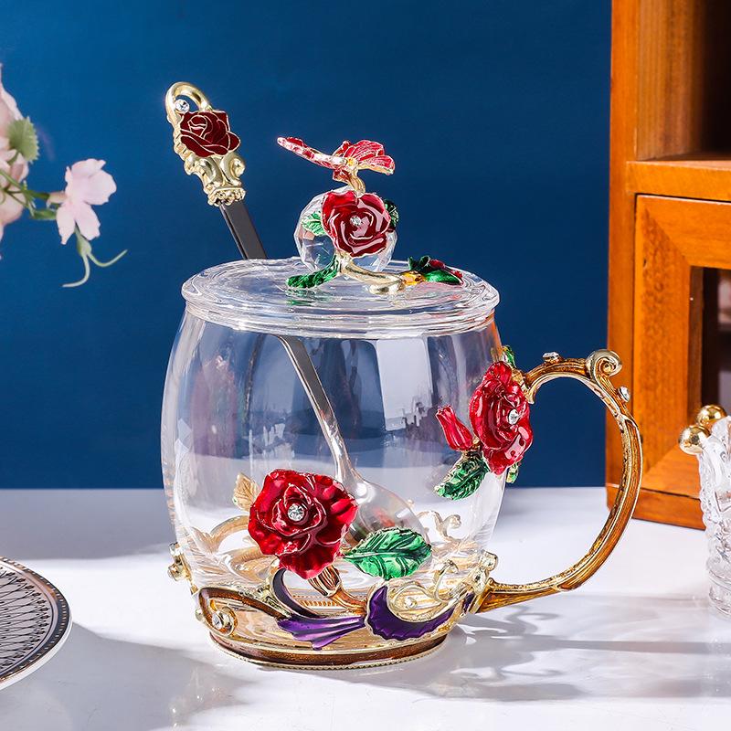 Colored Enamel Flower Glass Tea and Coffee Cup Set for Home and Office