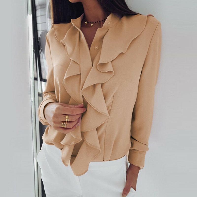 Elegant Womens Ruffle Summer Long Sleeve Solid Plain Blouse Shirt For Office Wear