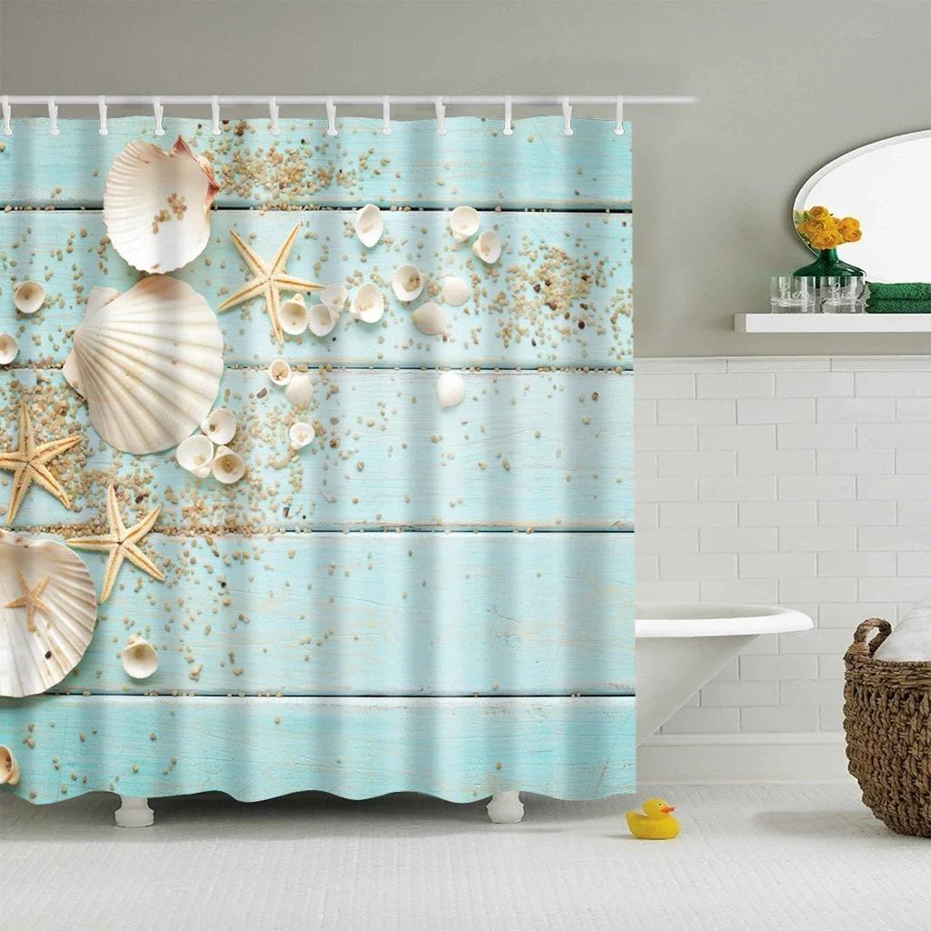 Blue Sky Beach Shower Curtain Modern Scenery Print Bathroom 3D Blackout Curtain Large 180x200cm for Bathroom