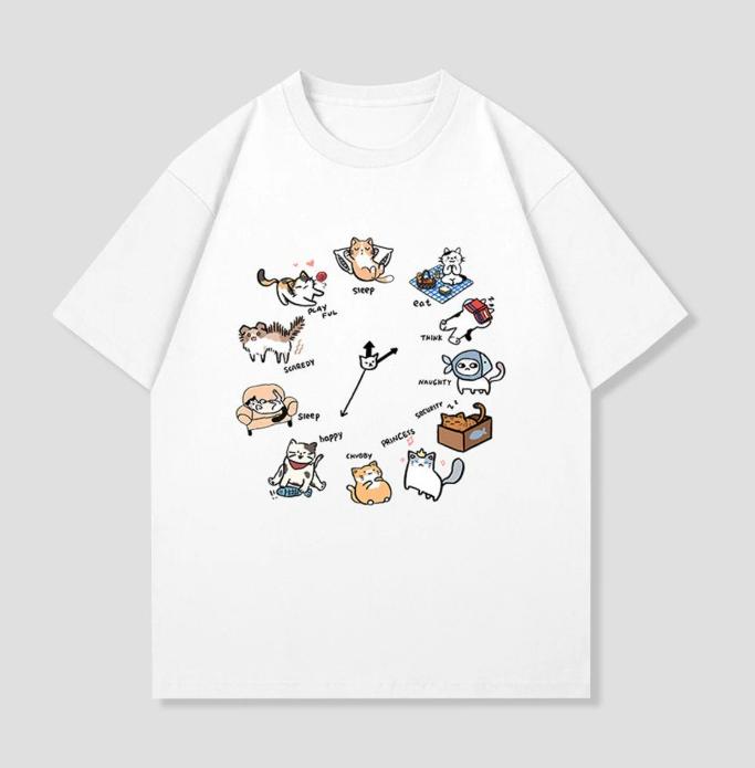 Versatile Cute Cat Daily Life Shortsleeved Printed Tshirt Top Unisex Kawaii Kitten Collection Graphic Casual Streetwear White