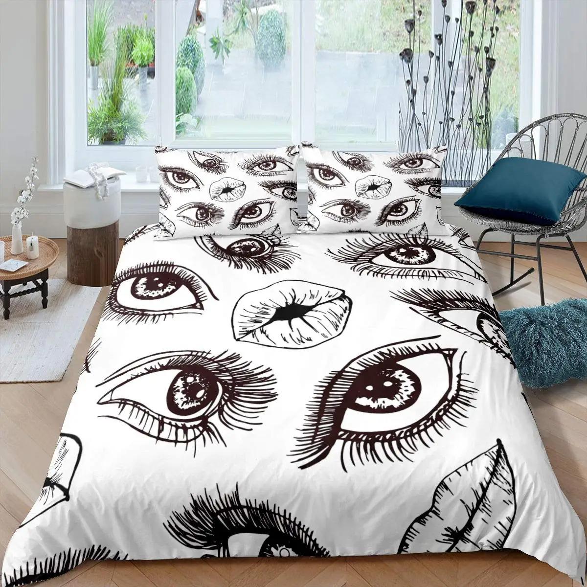 

Пододеяльник с ресницами King Queen Cartoon Romantic Woman Closed Eyes Long Lases Комплект постельного белья с английскими словами Полиэстеровый пододеяльник 70x133cm 2pcs