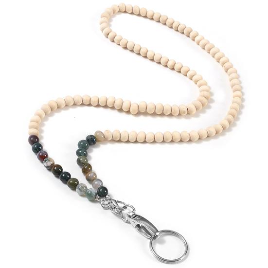 Stylish Beaded Lanyard ID Badge Holder with Lobster Clasp Keyring Natural Wood Beads Work Card Lanyard
