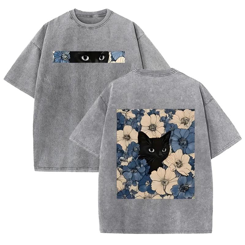 Vintage Washed Black Cat Floral T Shirt Double Sided Print Streetwear Casual Tee S разноцветный