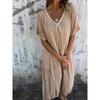 Womens Summer Maxi Dresses CV Neck Short Sleeve A-Line Dress Casual Solid Color Long Dress