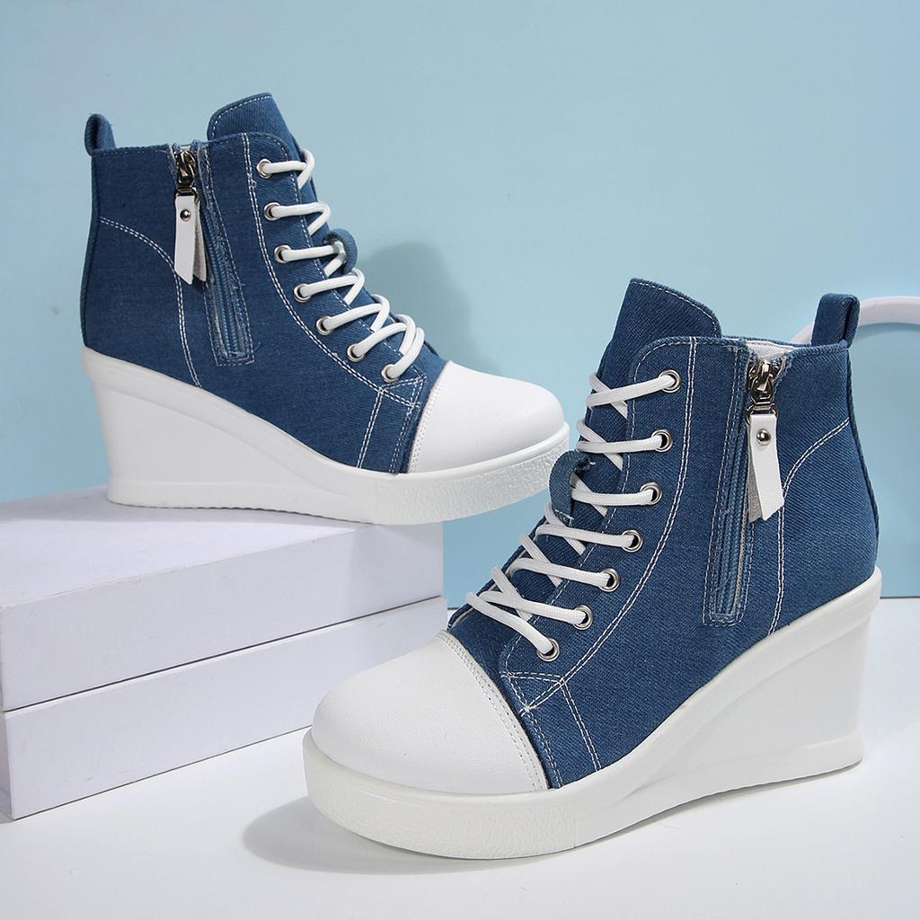Fashion Women's Platform Wedge Heel High Top Sneakers Blue Denim Casual Canvas Shoes Woman Fashion Thick Sole Lace Up Vulcanized Shoes