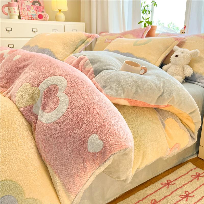 Snowflake Fleece Four-Piece Set, Thickened Milk Coral Fleece Quilt Cover, Double-Sided Fleece Quilt Cover, Bed Sheet, Bed Hat Three-Piece Set