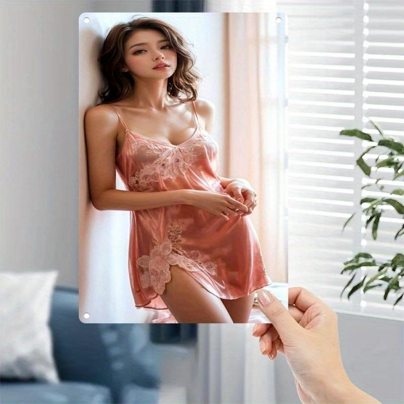 Vintage Metal Wall Sign Home Decor Retro Woman In Pink Lace Dress Iron Art