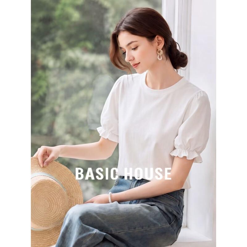 Basic House Women s Puff Sleeve Round Neck T-Shirt M белый