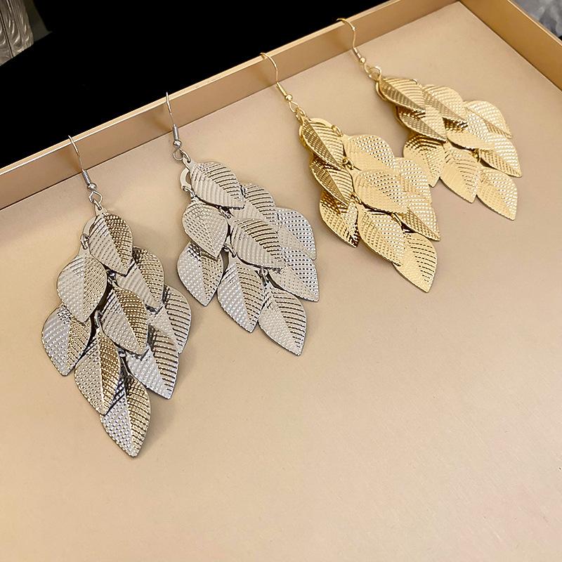 Metallic Texture Leaf Sequins Fringed Ear Hook Earrings Personality Temperament Earrings
