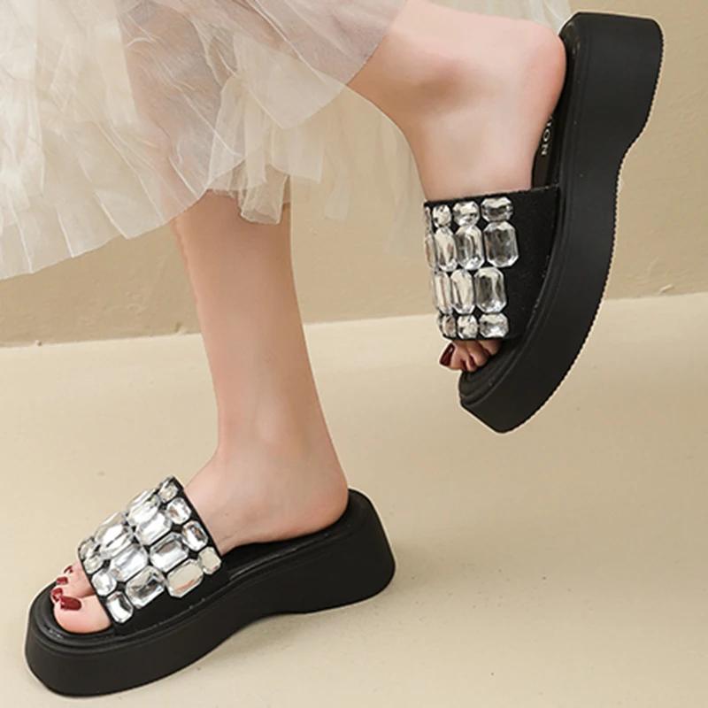 Fashion Big Crystal Chunky Platform Wedge Sandals Women Summer 2025 Thick Bottom Shiny Gem Slides Woman Slip On Mules Sandalias De Mujer