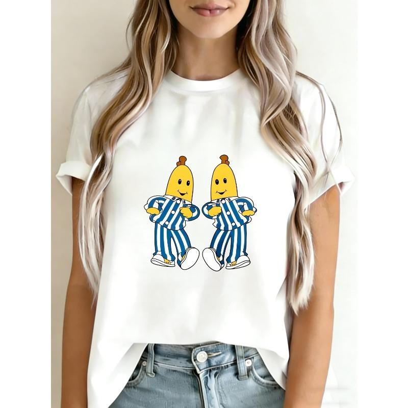 

Crewneck T Shirt White Banana Characters In Striped Suits Casual Wear For Women Summer Outfits Fun Graphic Tee Fashionable Top XXXXL