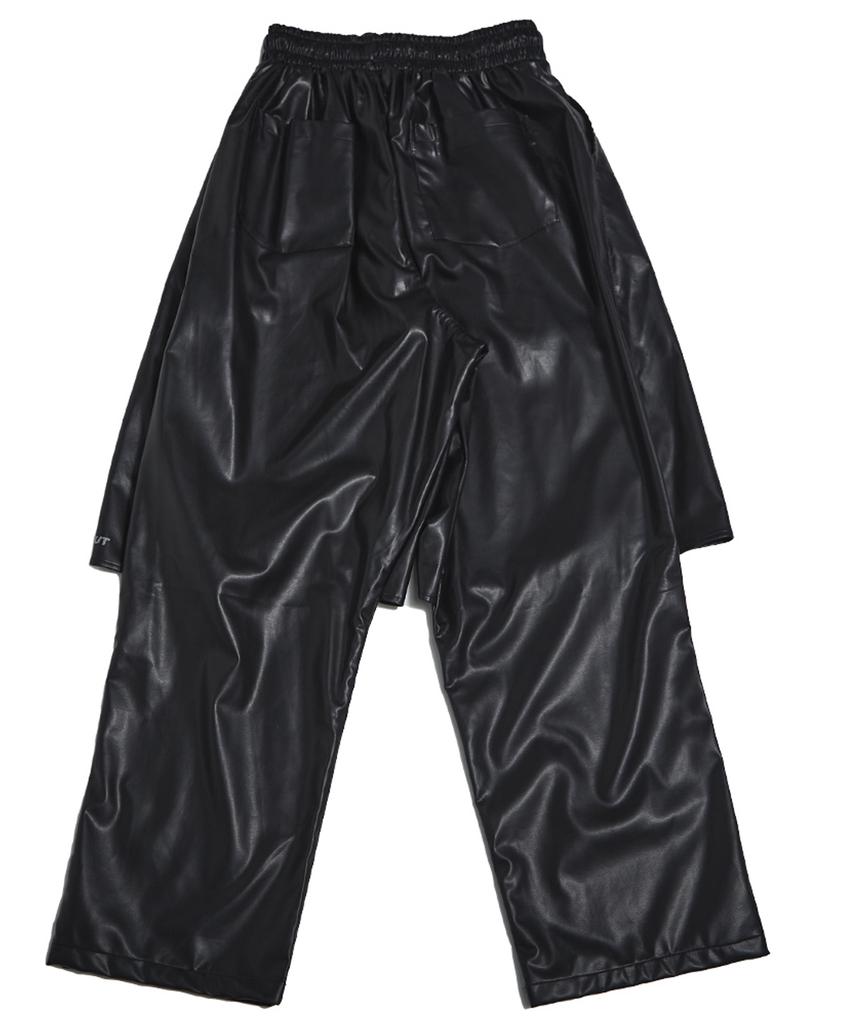 Disco Donut Elastic Waist Half-Cut Long Pants_Leather Black