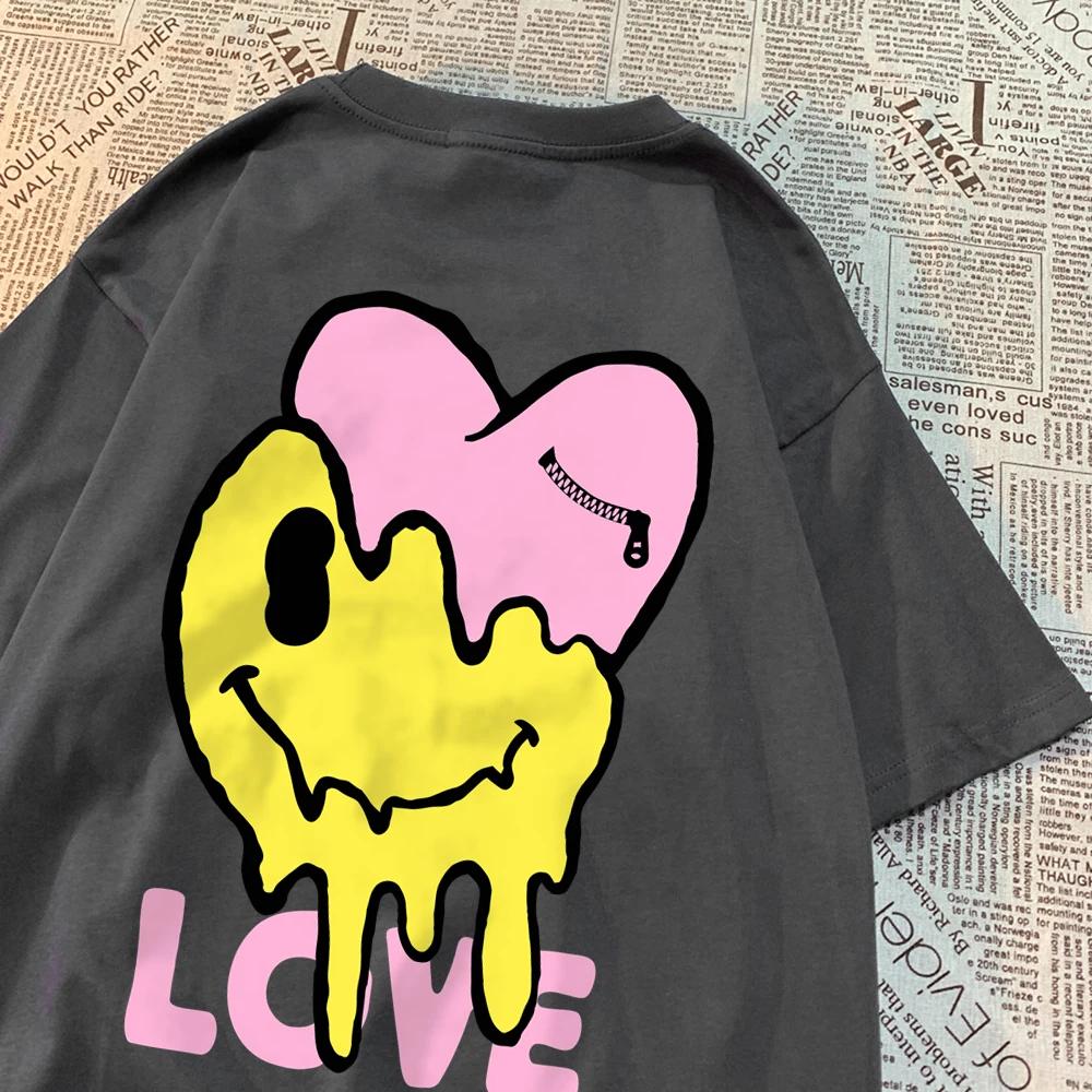 Melting Happy Face And Hurting Heart T-Shirts Couple Breathable O-Neck Tshirt Loose Clothes Oversized Summer T-Shirts Cotton Tee