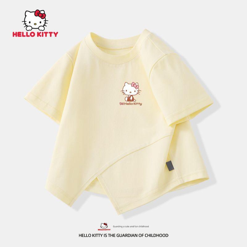 

Летний костюм Hello Kitty для девочек с коротким рукавом, летняя мода 2025, новый стиль, модная летняя одежда для девочек и детей постарше, джинсы Diseated Rose K Goose Yellow 160