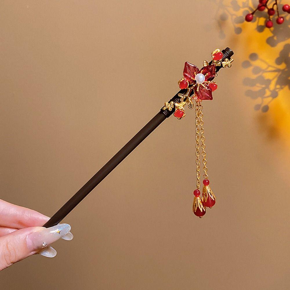 Red Hanfu Hairpin Tassel Wooden Hair Stick Classical   Hanfu Accessories