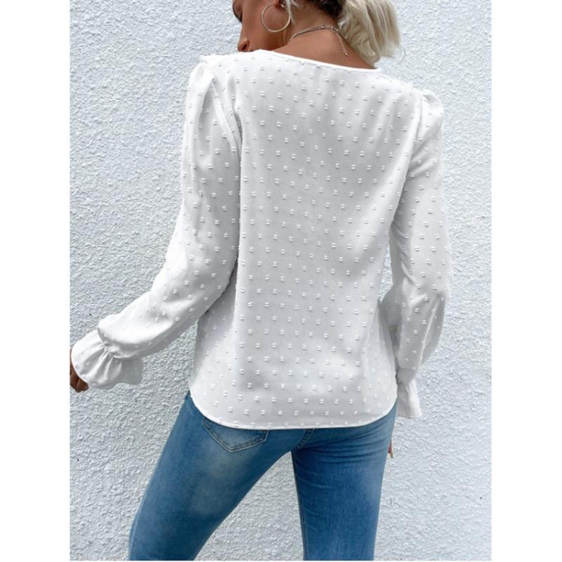Spring New Elegant Lace Splicing Jacquard Shirt Long Sleeved White Sweet Women Blouse Ruffled Loose Tops Fashion Dots Simple Clothing