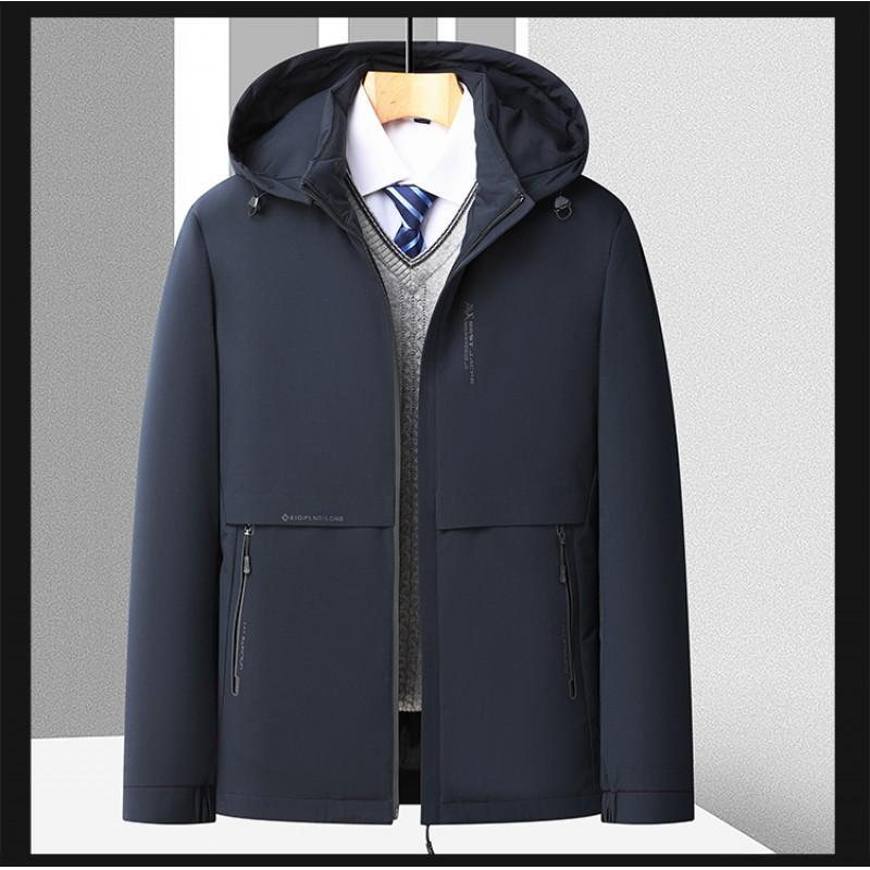 Herren Mittellange Kapuzen Daunenjacke Winter Warm Lässig Pufferjacke Mittleren Alters Herren Schwarz Khaki Marine