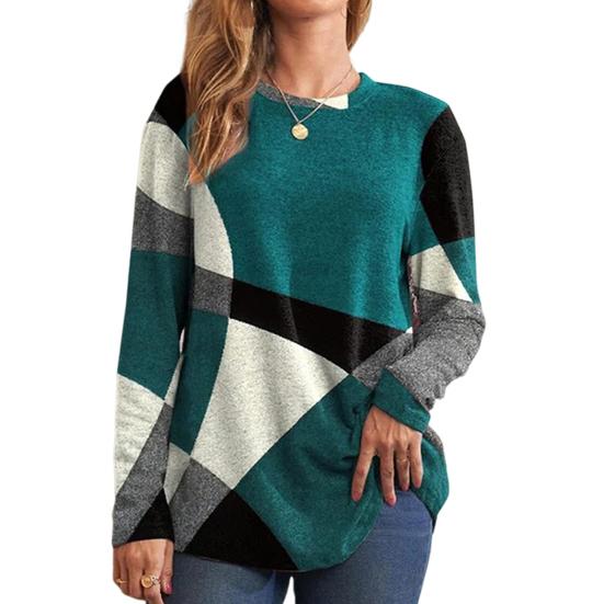 Women Tops Round Neck Long Sleeve Contrast Color Geometric Print Loose Fit Tee Shirt Casual Pullover Tops