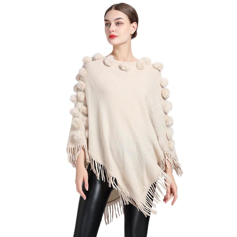 307 Fall Winter Tassel Pom Shawl Cape Womens Crew Neck Pullover Knit Sweater