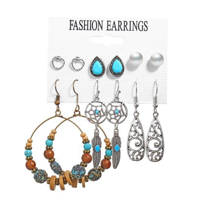 Vintage Big Round Multicolor Beaded Earrings Set for Woman Ethnic Boho Tassel Feather Long Dreamcatcher Drop Earrings