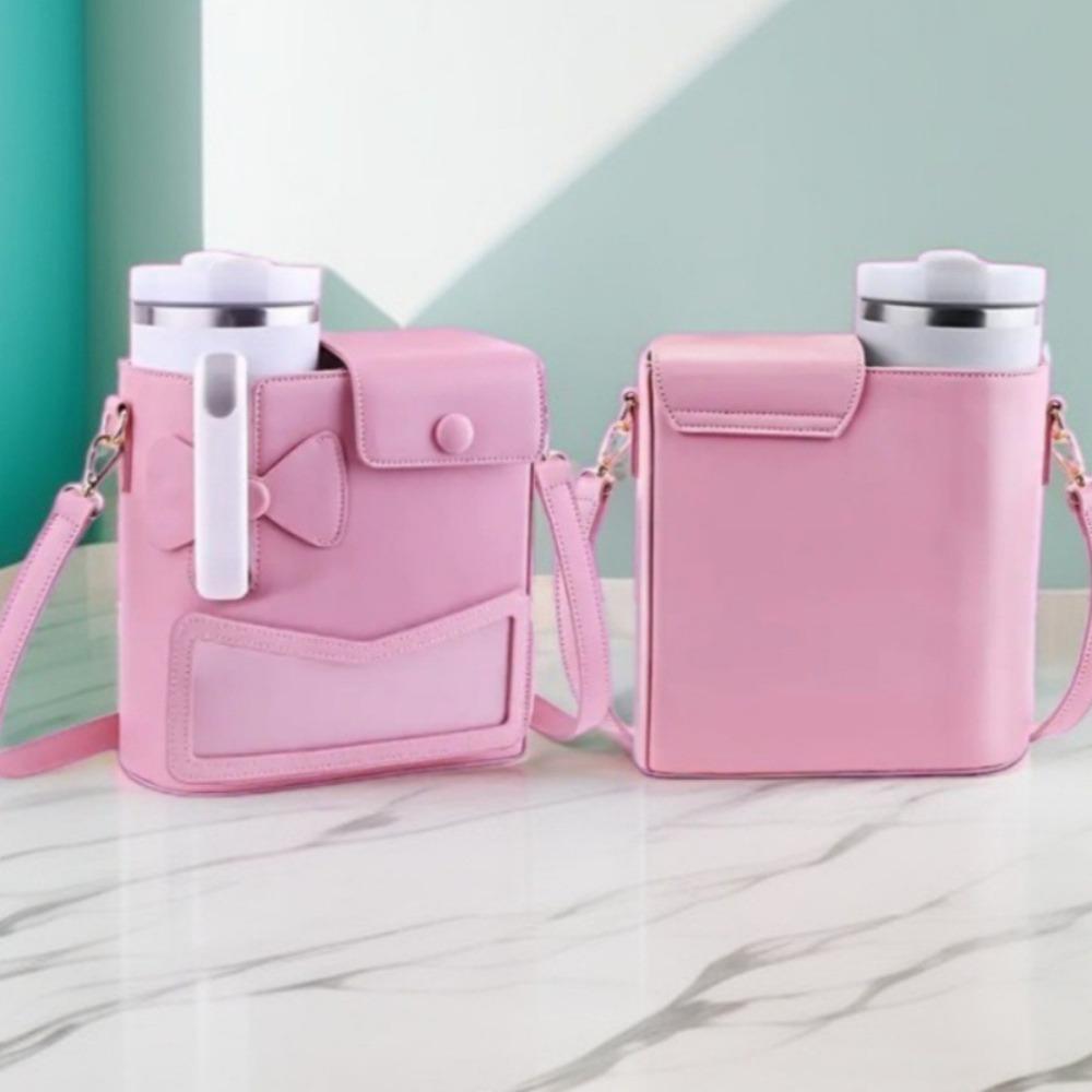 Crossbody Water Bottle Storage Bag PU Leather Adjustable Shoulder Strap Cup Sleeve Pouch Large Capacity Travel Cup Holder Ladies