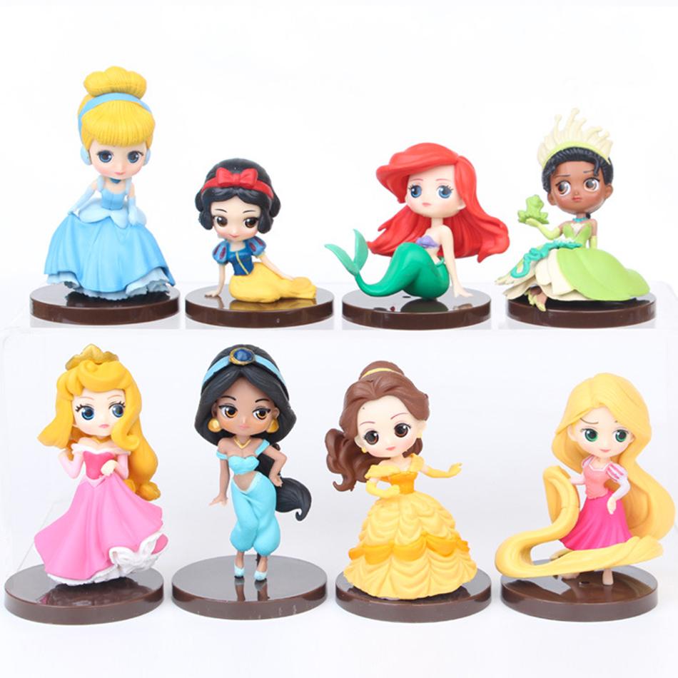 8pcs/Set Q Posket Princess Action Figures Set 5-8cm PVC Snow White Rapunzel Ariel Cinderella Belle Tiana Mermaid Model Toys Gift