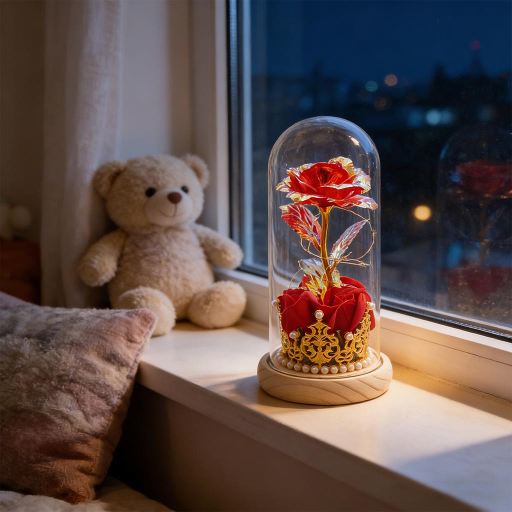 Konservierte Rosenlampe mit Goldfolienblumen, Ein kreatives Valentinstagsgeschenk.