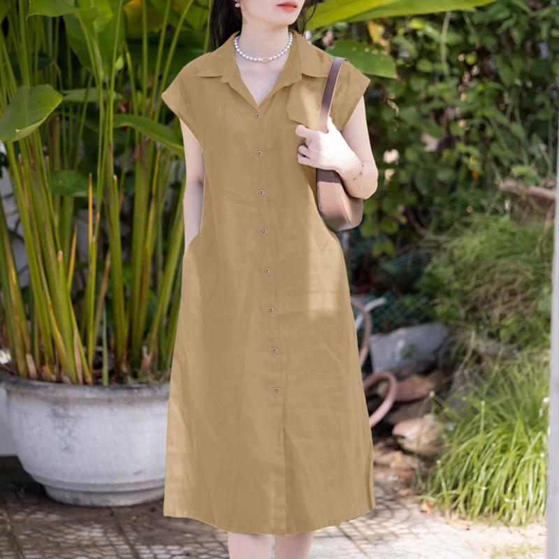 

ZANZEA Жіноча повсякденна літня сукня без рукавів з відкладним коміром хакі