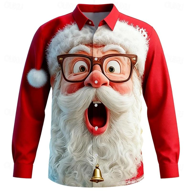 Men's Christmas shirt, Santa Claus 3D printed cartoon smiley face shirt, lapel long sleeve, fashionable design shirt XS-6XL