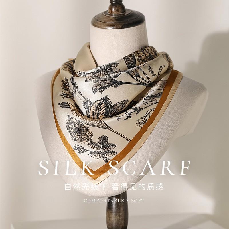2026 Floral Silk Scarf Women 100% Pure Mulberry Square Shawl Elegant Vintage Lightweight Accessory