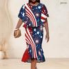Women Plus Size Two Piece Set Round Neck Batwing Sleeve Ruffle Hem Top Black Gold Printed Fishtail Skirt