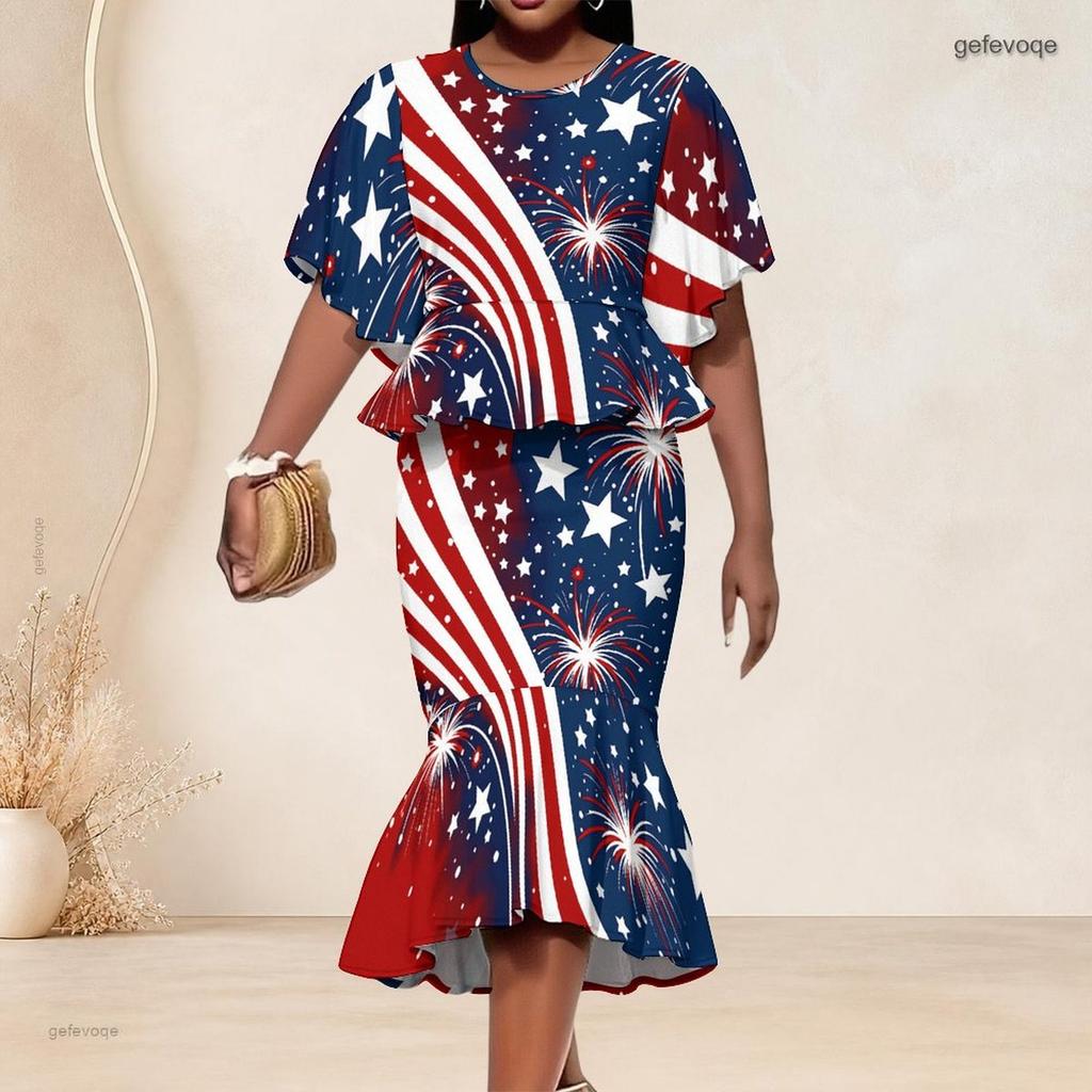 Women Plus Size Two Piece Set Round Neck Batwing Sleeve Ruffle Hem Top Black Gold Printed Fishtail Skirt