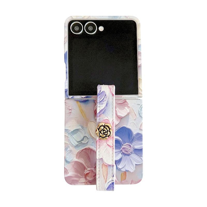 Embossed Watercolor Flower Samsung Z Flip6/5/7 Case with Anti-Lost Wrist Strap