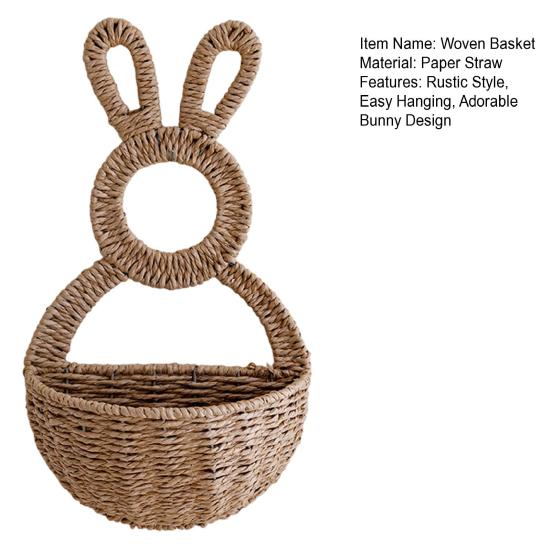 Small Plant Display Basket Easter Bunny Woven Basket, Handmade Rabbit Rustic Wall Hanging Entryway Sundries Storage for Dried or Faux Flowers Plants,