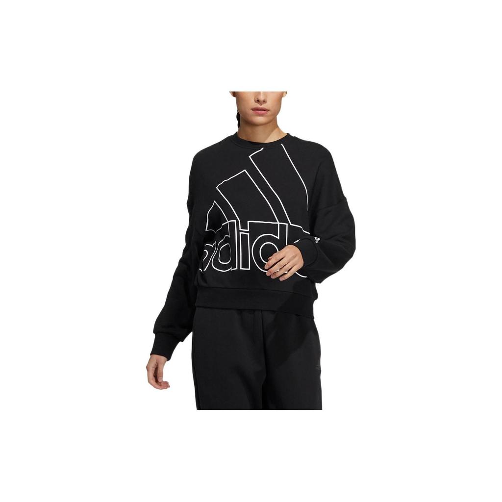 Adidas Large Logo Print Pullover Crew Neck Sweatshirt Women Tops Black HM9378